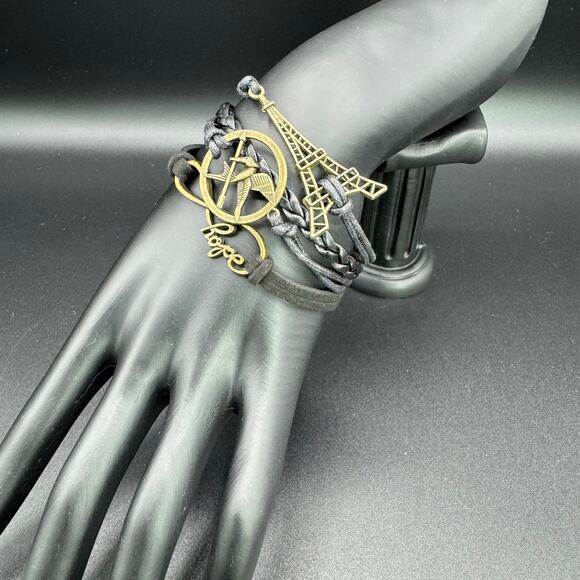 New Black Braided Leather Twine Multilayer Eiffel Tower Infinity Bracelet - Picture 2 of 7